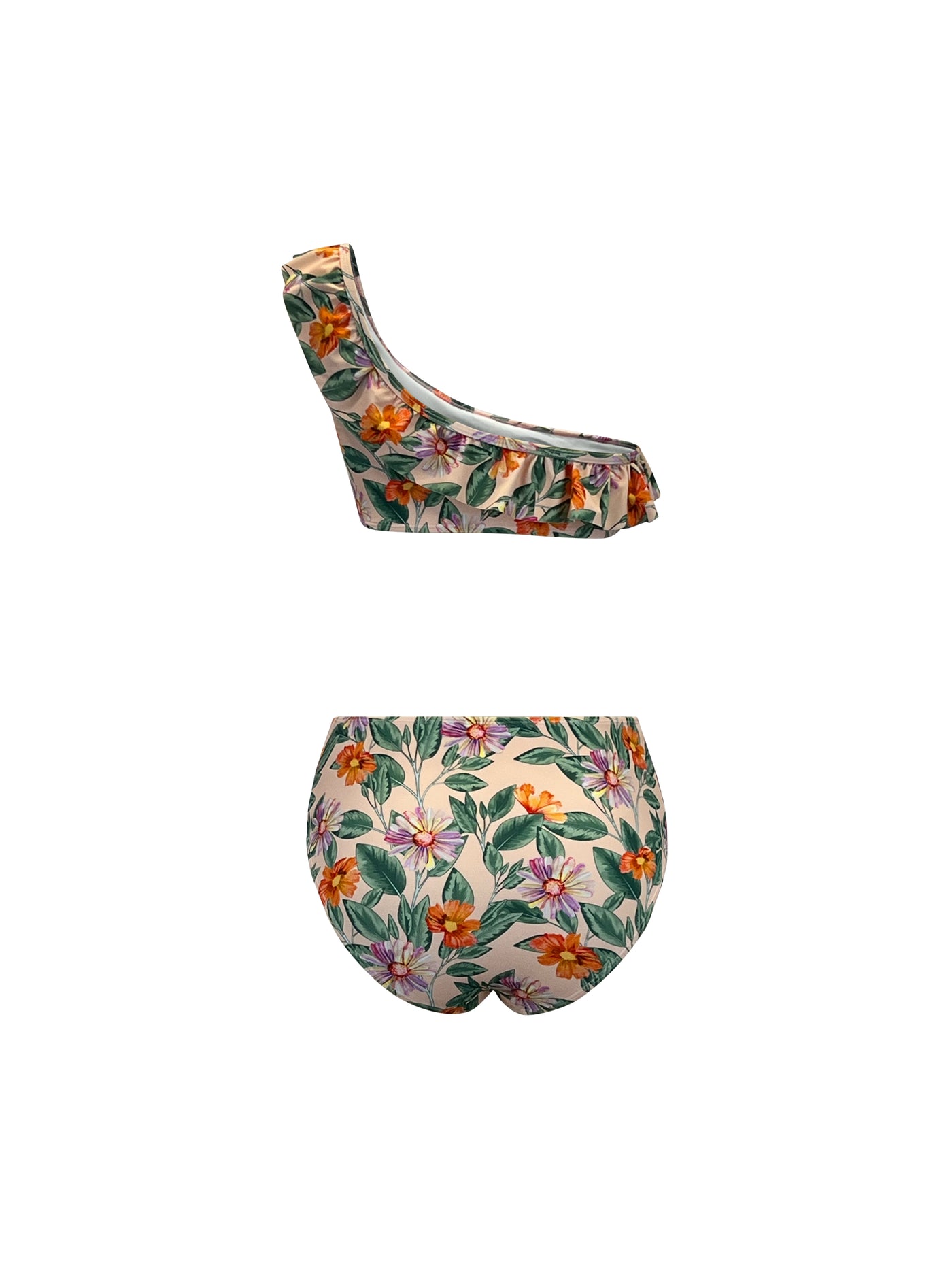 One Shoulder Pink Flower Pattern Bikini Set - Stylish Swimwear