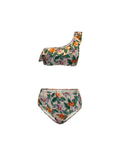 One Shoulder Pink Flower Pattern Bikini Set - Stylish Swimwear