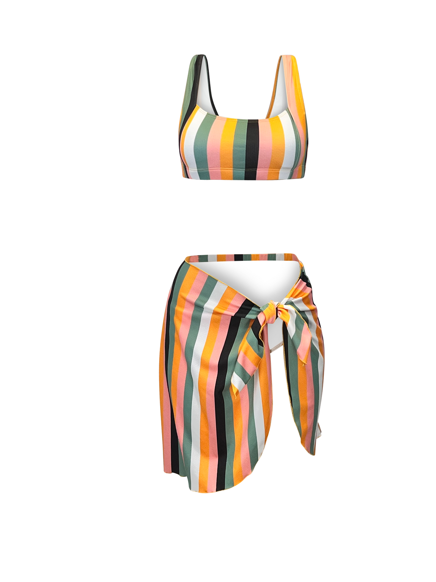 Multi-Color Stripe Bikini Set With Matching Cover Up - Stylish Swimwear